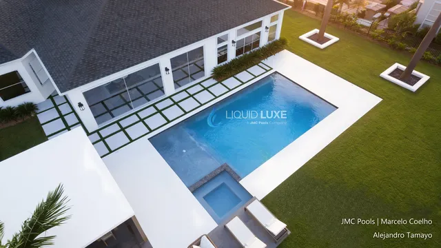 Render of the Tamayo pool, spa and pergola, view 04 (day aerial)