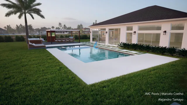 Render of the Tamayo pool, spa and pergola, view 08 (day view)