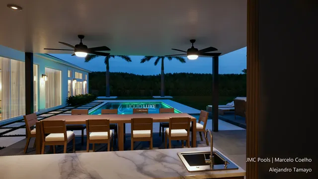 Render of the Tamayo pool, spa and pergola, view 15 (night view)