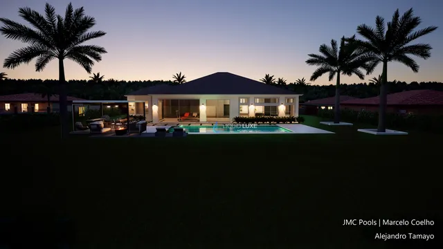 Render of the Tamayo pool, spa and pergola, view 16 (night view)