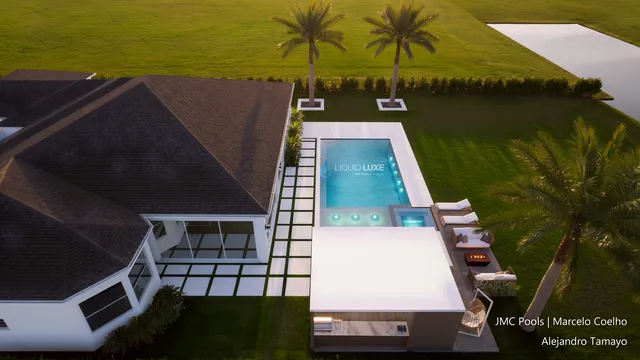 Render of the Tamayo pool, spa and pergola, view 03 (day aerial)