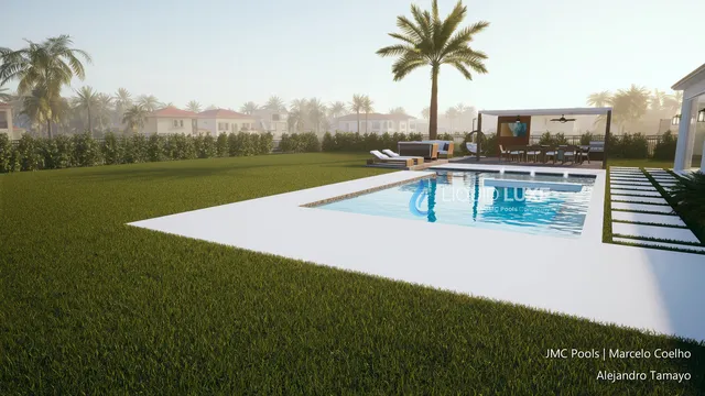 Render of the Tamayo pool, spa and pergola, view 09 (day view)