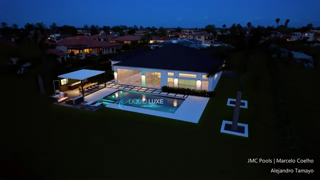 Render of the Tamayo pool, spa and pergola, view 17 (night aerial)