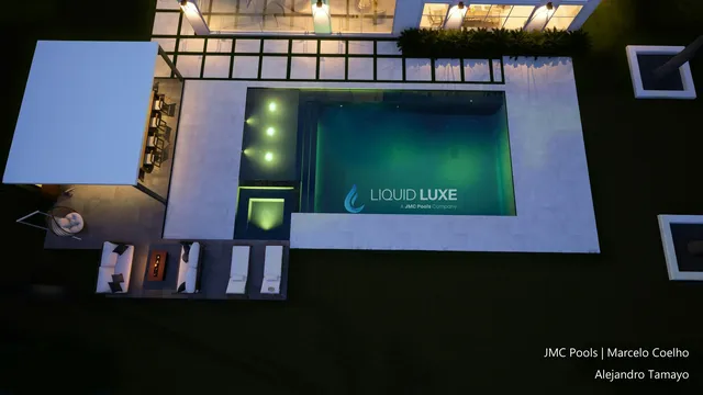 Render of the Tamayo pool, spa and pergola, view 18 (night aerial)