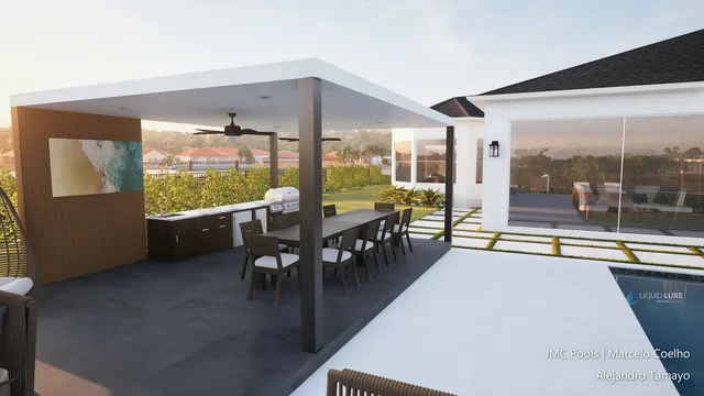 Render of the Tamayo pool, spa and pergola, view 05 (day view)