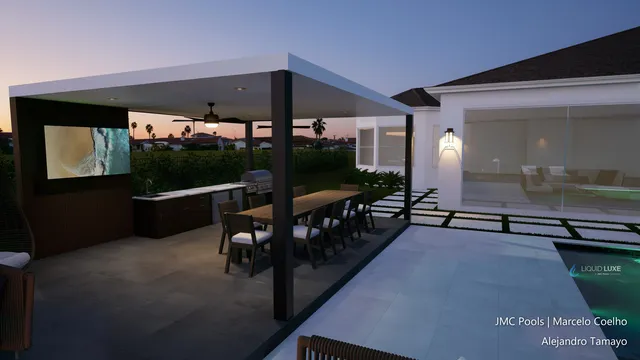 Render of the Tamayo pool, spa and pergola, view 13 (day view)
